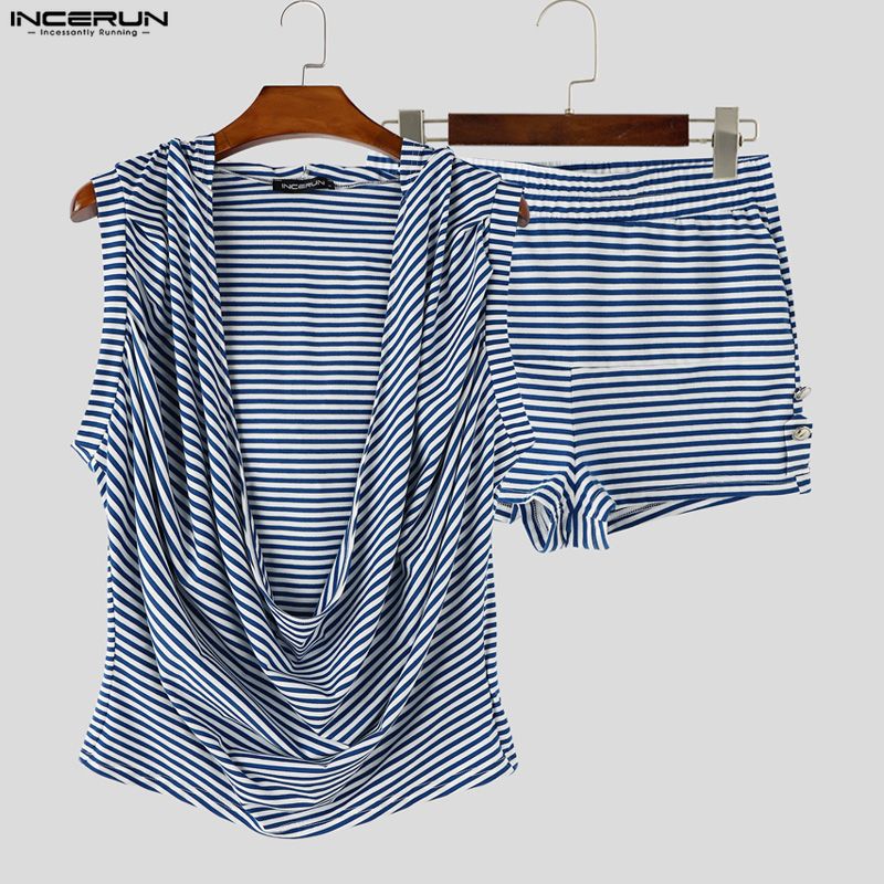 Matcha - INCERUN Men Striped Sets Summer Hooded