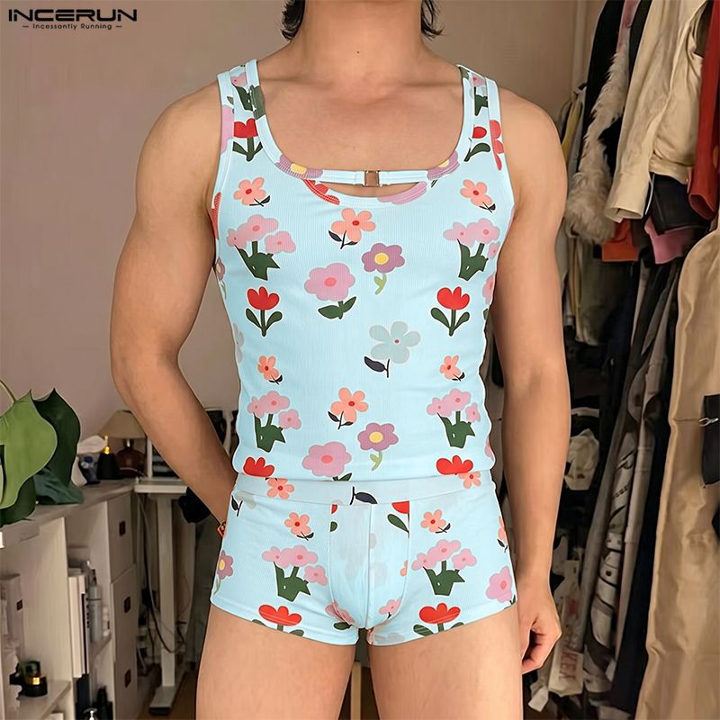 INCERUN Men's Sets Flower Prin - Matcha 评论和价格