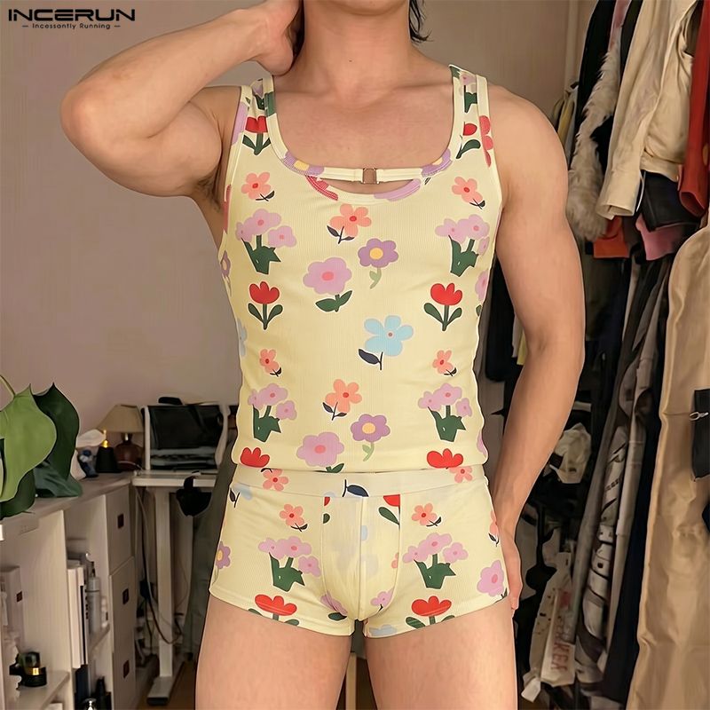 INCERUN Men's Sets Flower Prin - Matcha 评论和价格